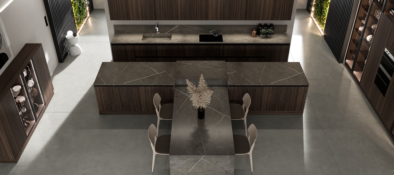 centro kitchen κουζινα, noka, μπουφές, σκούρο ξύλο, τραπέζι, μάρμαρο, βιτρίνα, νεροχύτης