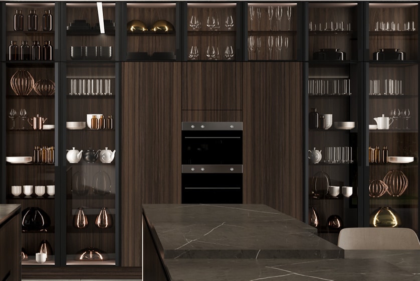 centro kitchen κουζινα, noka, σκούρο ξύλο, τραπέζι, μάρμαρο, βιτρίνα,
