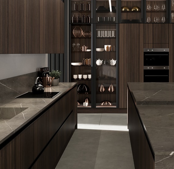 centro kitchen κουζινα, noka, μπουφές, σκούρο ξύλο, τραπέζι, μάρμαρο, βιτρίνα, νεροχύτης