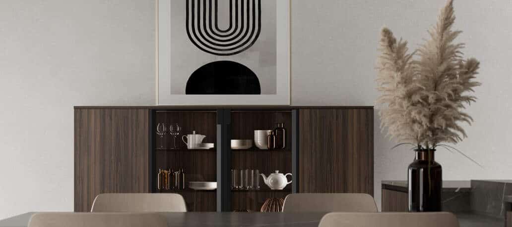 centro kitchen κουζινα, noka, μπουφές, σκούρο ξύλο, τραπέζι, μάρμαρο, βιτρίνα
