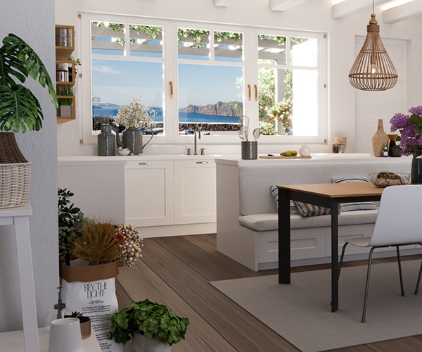 centro kitchen κουζίνα, Banoffee, ανοιχτόχρωμο ξύλο, νησίδα, καναπές, τραπέζι, λευκό χρώμα, πάγκος κουζίνας
