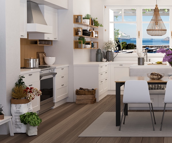 centro kitchen κουζίνα, Banoffee, ανοιχτόχρωμο ξύλο, νησίδα, καναπές, τραπέζι, εστίες, φούρνος, λευκό χρώμα, πάγκος κουζίνας