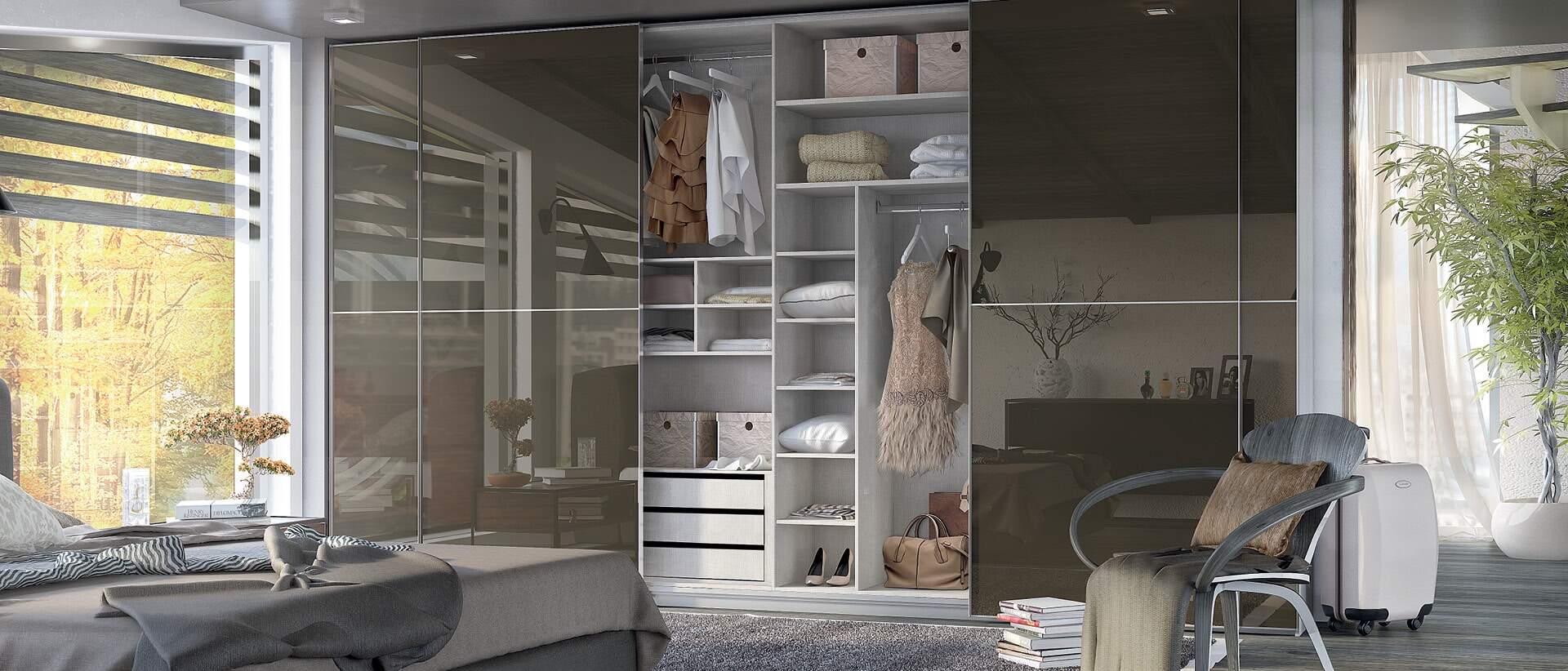 centro kitchen, wardrobe, sliding wardrobe, calm, mirror, glass, aluminum frame