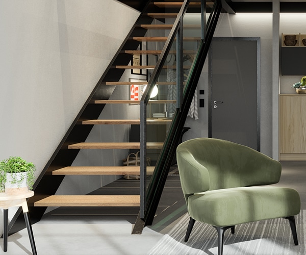 centro kitchen, κουζίνα, design, cannoli, μικρή, πλήρως εξοπλισμένη κουζίνα, νησίδα, γκρι απόχρωση, ανοιχτό ξύλο, πράσινη πολυθρόνα