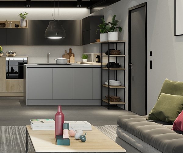 centro kitchen, κουζίνα, design, cannoli, μικρή, πλήρως εξοπλισμένη κουζίνα, νησίδα, γκρι απόχρωση, ανοιχτό ξύλο, μεταλλική ραφιέρα, καναπές