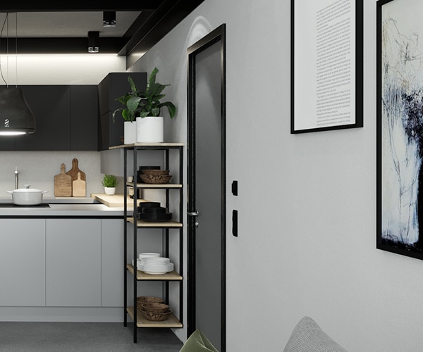 centro kitchen, κουζίνα, design, cannoli, μικρή, πλήρως εξοπλισμένη κουζίνα, νησίδα, γκρι απόχρωση, ανοιχτό ξύλο, μεταλλική ραφιέρα