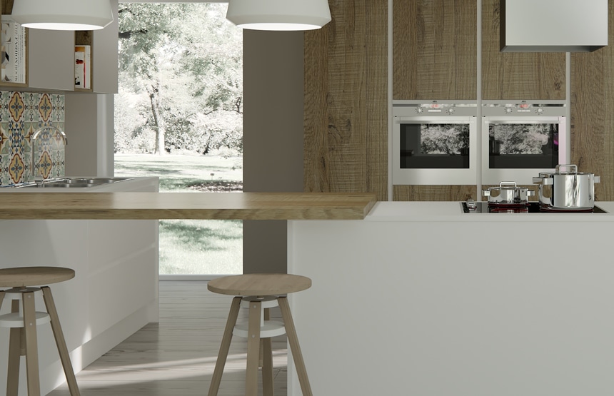 centro kitchen κουζίνα, caramel, φλοράλ πλακάκια, ανοιχτό ξύλο, ανάγλυφα νερά, λευκό χρώμα, πάγκος κουζίνας, λευκή νησίδα, εντοιχισμένος φούρνος