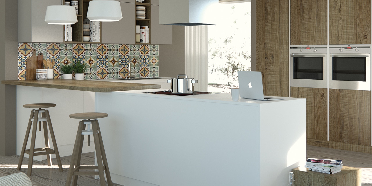 centro kitchen κουζίνα, caramel, φλοράλ πλακάκια, ανοιχτό ξύλο, ανάγλυφα νερά, λευκό χρώμα, νησίδα, εντοιχισμένος φούρνος