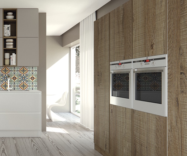 centro kitchen κουζίνα, caramel, φλοράλ πλακάκια, ανοιχτό ξύλο, ανάγλυφα νερά, λευκό χρώμα, νησίδα, εντοιχισμένος φούρνος, κρεμαστά ντουλάπια