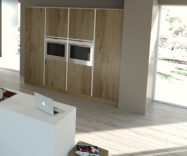 centro kitchen κουζίνα, caramel, ανοιχτό ξύλο, ανάγλυφα νερά, λευκό χρώμα, νησίδα, εντοιχισμένος φούρνος