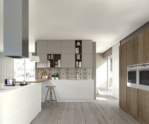 centro kitchen κουζίνα, caramel, φλοράλ πλακάκια, ανοιχτό ξύλο, ανάγλυφα νερά, λευκό χρώμα, νησίδα, εντοιχισμένος φούρνος, κρεμαστά ντουλάπια