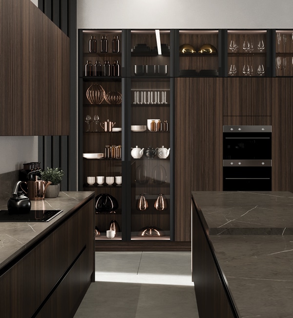 centro kitchen, kitchen, design collection, modern, vitrine, dark wood, marble, worktop