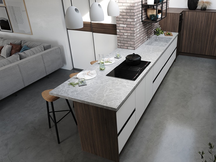 centro kitchen κουζινα, πολυχώρος, eclair, μπουφές, σκούρο ξύλο, ραφια τοίχου, ντουλάπα, πάγκος κουζίνας