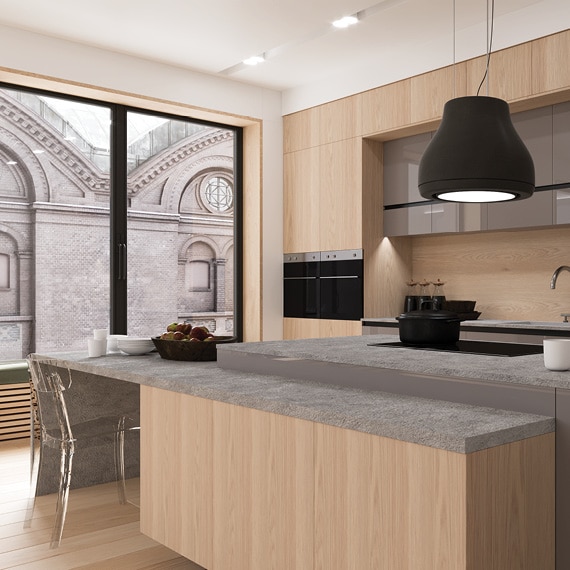 centro kitchen κουζίνα, ekmek, πάγκος κουζίνας, νησίδα, τραπέζι, κλασικό μοντέλο, ανοιχτό ξύλο, φούρνος, γκρι ντουλάπια, γρανίτης