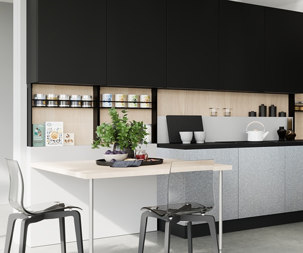 centro kitchen κουζίνα, design, μοντέρνα κουζίνα, glaze, σκούρα γκρι χρώμα, κρεμαστά και υψηλά ντουλάπια, τραπέζι στο χρώμα του ξύλου