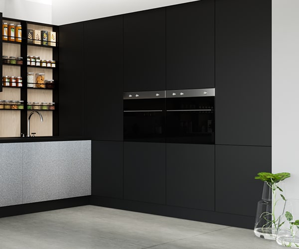 centro kitchen κουζίνα, design, μοντέρνα κουζίνα, glaze, σκούρα γκρι χρώμα, κρεμαστά και υψηλά ντουλάπια, τραπέζι στο χρώμα του ξύλου, εντοιχισμένος φούρνος