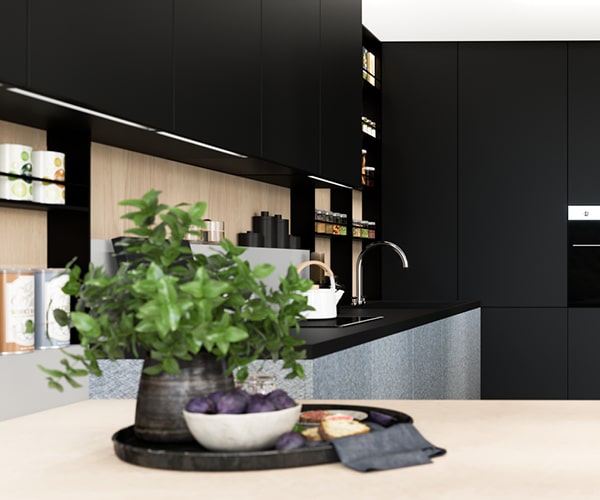 centro kitchen κουζίνα, design, μοντέρνα κουζίνα, glaze, σκούρα γκρι χρώμα, κρεμαστά και υψηλά ντουλάπια, τραπέζι στο χρώμα του ξύλου, εντοιχισμένος φούρνος