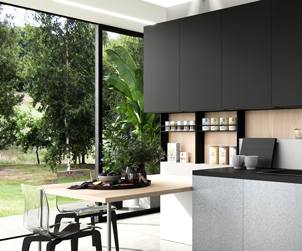 centro kitchen κουζίνα, design, μοντέρνα κουζίνα, glaze, σκούρα γκρι χρώμα, κρεμαστά και υψηλά ντουλάπια, τραπέζι στο χρώμα του ξύλου, γκρι πάγκος