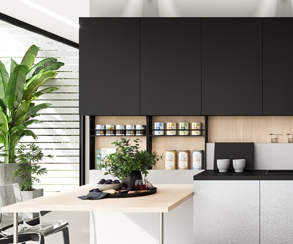 centro kitchen κουζίνα, design, μοντέρνα κουζίνα, glaze, σκούρα γκρι χρώμα, κρεμαστά και υψηλά ντουλάπια, τραπέζι στο χρώμα του ξύλου