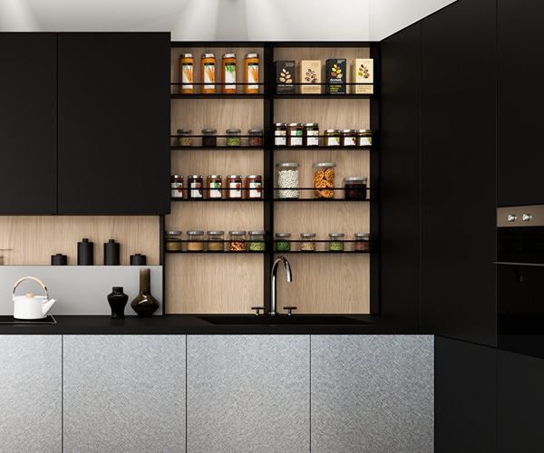 centro kitchen κουζίνα, design, μοντέρνα κουζίνα, glaze, σκούρα γκρι χρώμα, κρεμαστά και υψηλά ντουλάπια, τραπέζι στο χρώμα του ξύλου, εντοιχισμένος φούρνος