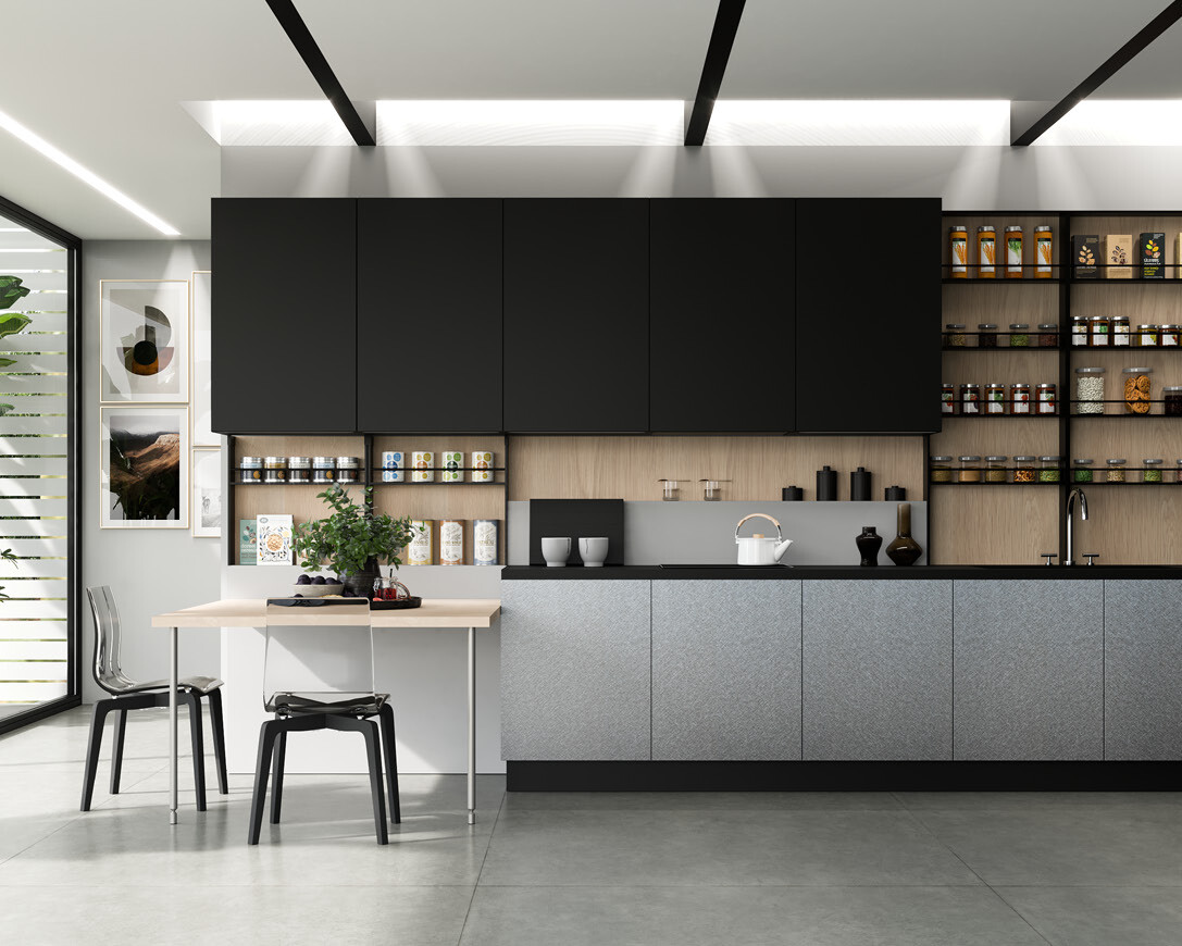 centro kitchen κουζίνα, design, μοντέρνα κουζίνα, glaze, σκούρα γκρι χρώμα, κρεμαστά και υψηλά ντουλάπια, τραπέζι στο χρώμα του ξύλου, εντοιχισμένος φούρνος