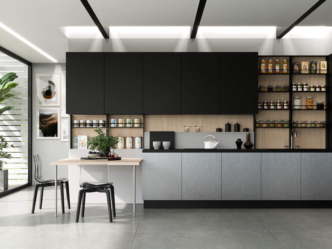centro kitchen κουζίνα, design, μοντέρνα κουζίνα, glaze, σκούρα γκρι χρώμα, κρεμαστά και υψηλά ντουλάπια, τραπέζι στο χρώμα του ξύλου, εντοιχισμένος φούρνος