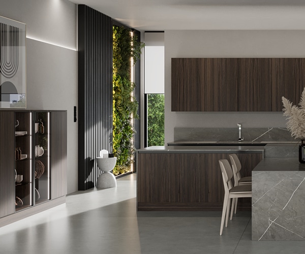 centro kitchen κουζινα, noka, μπουφές, σκούρο ξύλο, τραπέζι, μάρμαρο, βιτρίνα, νεροχύτης
