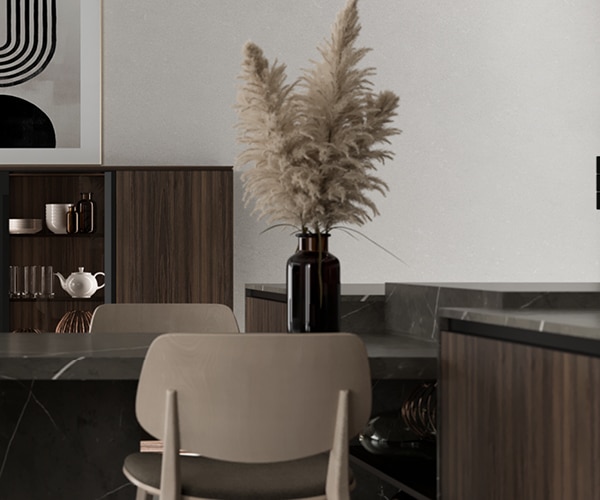 centro kitchen κουζίνα, noka, μπουφές, σκούρο ξύλο, τραπέζι, μάρμαρο, βιτρίνα