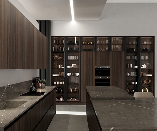 centro kitchen κουζίνα, noka, φούρνος, σκούρο ξύλο, τραπέζι, μάρμαρο, βιτρίνα, νεροχύτης
