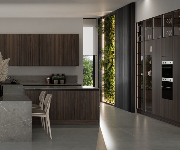 centro kitchen κουζινα, noka, φούρνος, σκούρο ξύλο, τραπέζι, μάρμαρο, βιτρίνα, νεροχύτης