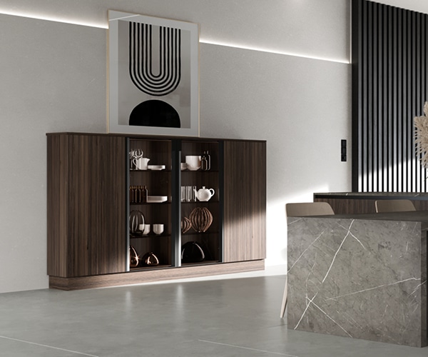 centro kitchen κουζινα, noka, μπουφές, σκούρο ξύλο, τραπέζι, μάρμαρο, βιτρίνα