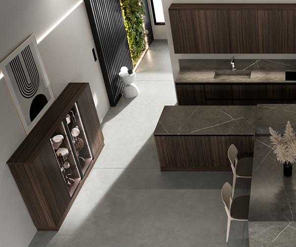 centro kitchen κουζίνα, noka, μπουφές, σκούρο ξύλο, τραπέζι, μάρμαρο, βιτρίνα, νεροχύτης