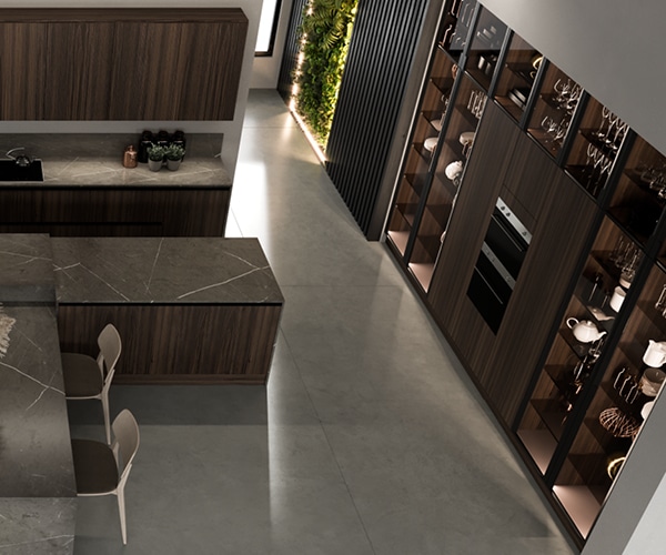centro kitchen κουζίνα, noka, φούρνος, σκούρο ξύλο, τραπέζι, μάρμαρο, βιτρίνα