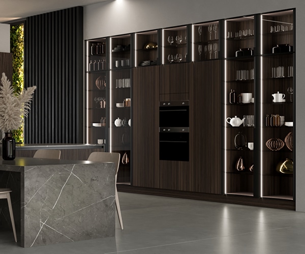 centro kitchen κουζίνα, noka, φούρνος, σκούρο ξύλο, τραπέζι, μάρμαρο, βιτρίνα