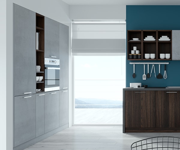 centro kitchen κουζίνα, design, μοντέρνα κουζίνα,semmel, ερμάρια σε σκούρες ξύλινες αποχρώσεις, με ανάγλυφη υφή, γκρι βιομηχανικό τσιμέντο και μεταλλικά στοιχεία, γαλάζιο χρώμα