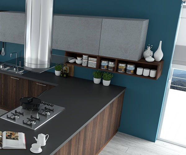 centro kitchen κουζίνα, design, μοντέρνα κουζίνα,semmel, ερμάρια σε σκούρες ξύλινες αποχρώσεις, με ανάγλυφη υφή, γκρι βιομηχανικό τσιμέντο και μεταλλικά στοιχεία, γαλάζιο χρώμα , γωνιακός πάγκος κουζίνας