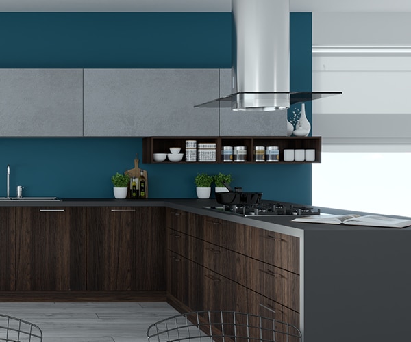centro kitchen κουζίνα, design, μοντέρνα κουζίνα,semmel, ερμάρια σε σκούρες ξύλινες αποχρώσεις, με ανάγλυφη υφή, γκρι βιομηχανικό τσιμέντο και μεταλλικά στοιχεία, γαλάζιο χρώμα , γωνιακός πάγκος κουζίνας