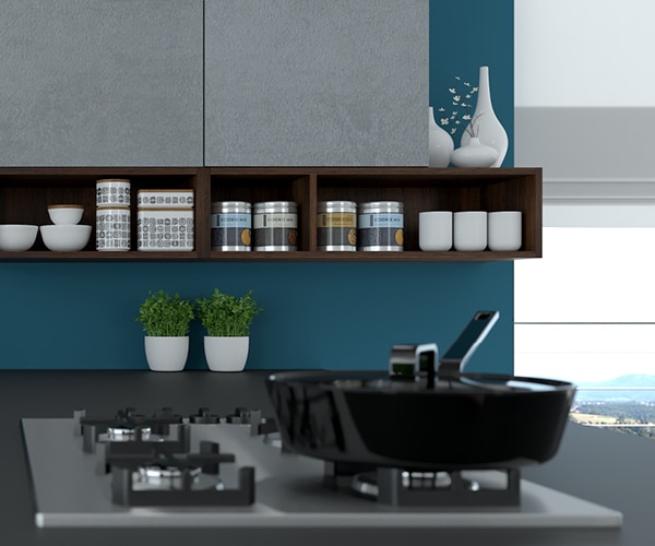 centro kitchen κουζίνα, design, μοντέρνα κουζίνα,semmel, ερμάρια σε σκούρες ξύλινες αποχρώσεις, με ανάγλυφη υφή, γκρι βιομηχανικό τσιμέντο και μεταλλικά στοιχεία, γαλάζιο χρώμα , γωνιακός πάγκος κουζίνας