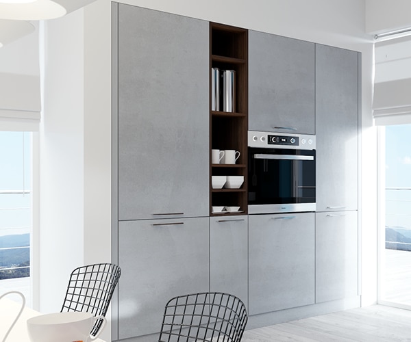 centro kitchen κουζίνα, design, μοντέρνα κουζίνα,semmel, ερμάρια σε σκούρες ξύλινες αποχρώσεις, με ανάγλυφη υφή, γκρι βιομηχανικό τσιμέντο και μεταλλικά στοιχεία