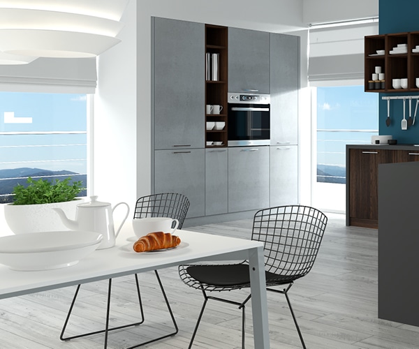centro kitchen κουζίνα, design, μοντέρνα κουζίνα,semmel, ερμάρια σε σκούρες ξύλινες αποχρώσεις, με ανάγλυφη υφή, γκρι βιομηχανικό τσιμέντο και μεταλλικά στοιχεία, λευκό τραπέζι