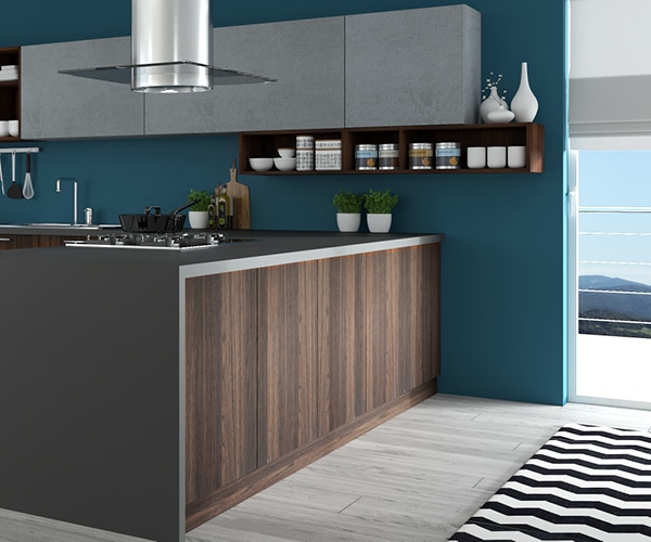 centro kitchen κουζίνα, design, μοντέρνα κουζίνα,semmel, ερμάρια σε σκούρες ξύλινες αποχρώσεις, με ανάγλυφη υφή, γκρι βιομηχανικό τσιμέντο και μεταλλικά στοιχεία, γαλάζιο χρώμα , γωνιακός πάγκος κουζίνας