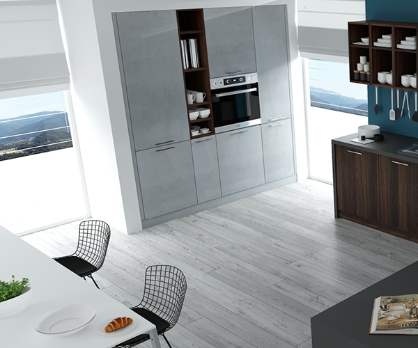 centro kitchen κουζίνα, design, μοντέρνα κουζίνα,semmel, ερμάρια σε σκούρες ξύλινες αποχρώσεις, με ανάγλυφη υφή, γκρι βιομηχανικό τσιμέντο και μεταλλικά στοιχεία, γαλάζιο χρώμα , γωνιακός πάγκος κουζίνας