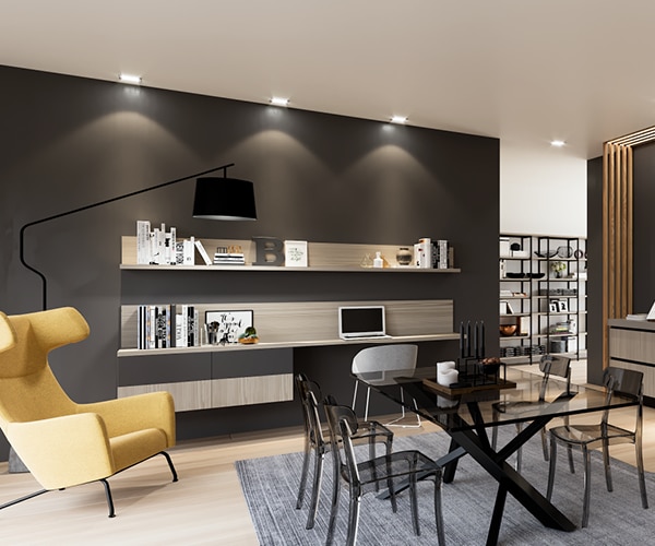 centro kitchen κουζίνα, design, μοντέρνα κουζίνα, toffee, ανοιχτόχρωμο ξύλο, ιδιαίτερο μαύρο πόμολο, μεταλλική βιβλιοθήκη, υψηλές ανοιχτόχρωμες μονάδες, τραπεζαρία με κρυστάλλινη επιφάνεια