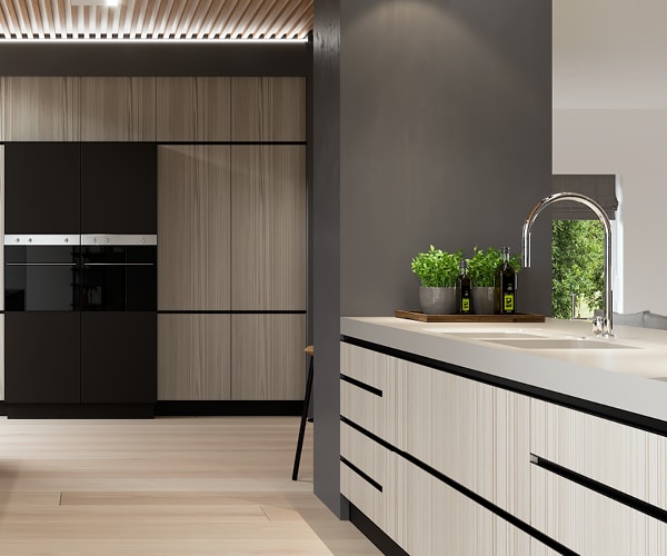 centro kitchen κουζίνα, design, μοντέρνα κουζίνα, toffee, ανοιχτόχρωμο ξύλο, ιδιαίτερο μαύρο πόμολο, υψηλές ανοιχτόχρωμες μονάδες, νησίδα