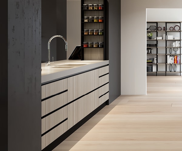 centro kitchen κουζίνα, design, μοντέρνα κουζίνα, toffee, ανοιχτόχρωμο ξύλο, ιδιαίτερο μαύρο πόμολο, μεταλλική βιβλιοθήκη, νησίδα