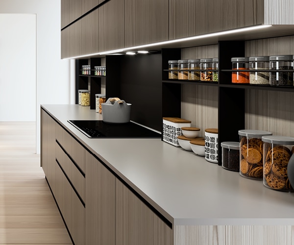 centro kitchen κουζίνα, design, μοντέρνα κουζίνα, toffee, ανοιχτόχρωμο ξύλο, ιδιαίτερο μαύρο πόμολο, πάγκος κουζίνας λευκή επιφάνια