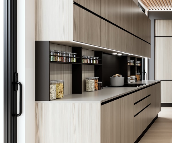 centro kitchen κουζίνα, design, μοντέρνα κουζίνα, toffee, ανοιχτόχρωμο ξύλο, ιδιαίτερο μαύρο πόμολο, υψηλές ανοιχτόχρωμες μονάδες, πάγκος κουζίνας λευκή επιφάνια