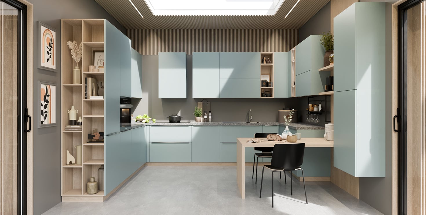 centro kitchen κουζίνα, design, μοντέρνα κουζίνα, mint, κουζίνα σε σχήμα Π, πράσινα ντουλάπια, ανοιχτόχρωμο ξύλο