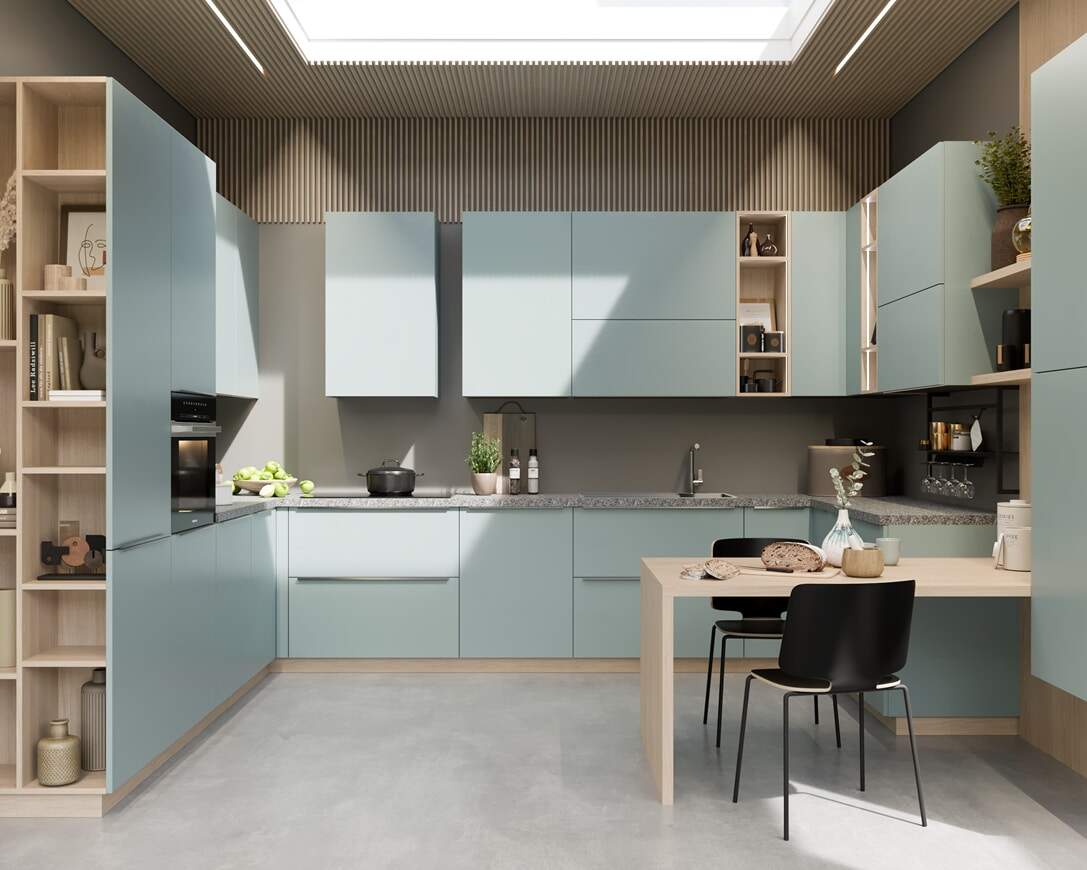 centro kitchen κουζίνα, mint, design collection, μοντέρνα κουζίνα, πράσινα ντουλάπια, ανοιχτόχρωμο ξύλο, εταζέρες, πάγκος κουζίνας, τραπέζι, νησίδα