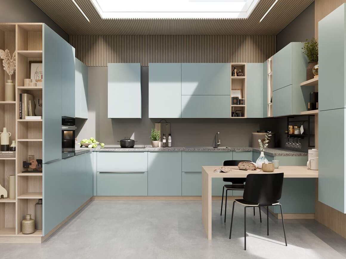 centro kitchen κουζίνα, mint, design collection, μοντέρνα κουζίνα, πράσινα ντουλάπια, ανοιχτόχρωμο ξύλο, εταζέρες, πάγκος κουζίνας, τραπέζι, νησίδα